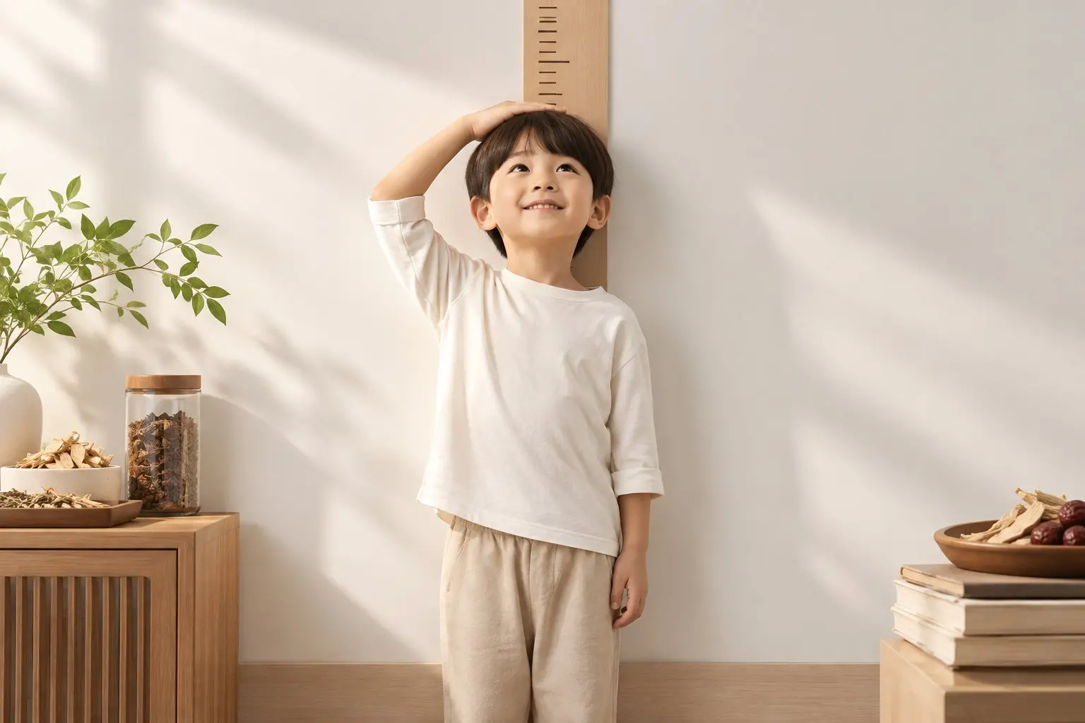 키 재는 벽 앞에 선 아이